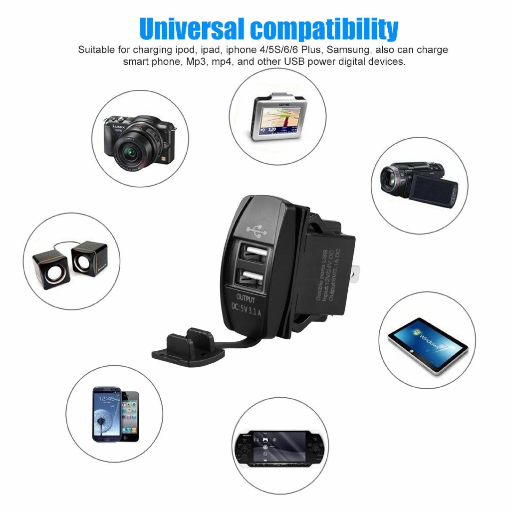 Sạc USB kép chống nước 3.1a 12v 24v cho xe ô tô