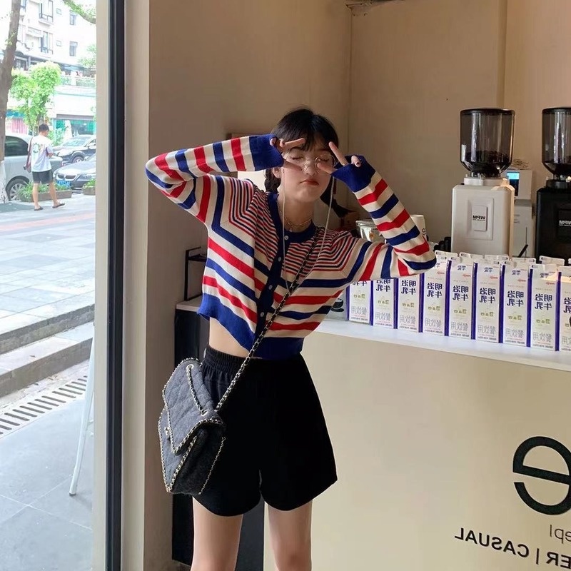 Áo khoác Cardigan dệt kim dáng rộng màu sắc tương phản phong cách Hàn Quốc cho nữ