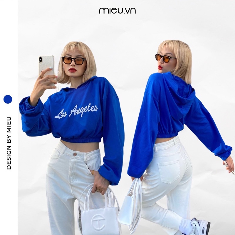 Áo croptop hoodie có mũ chất thun cotton eo bo thun in chữ nổi LA MIEU - JM26