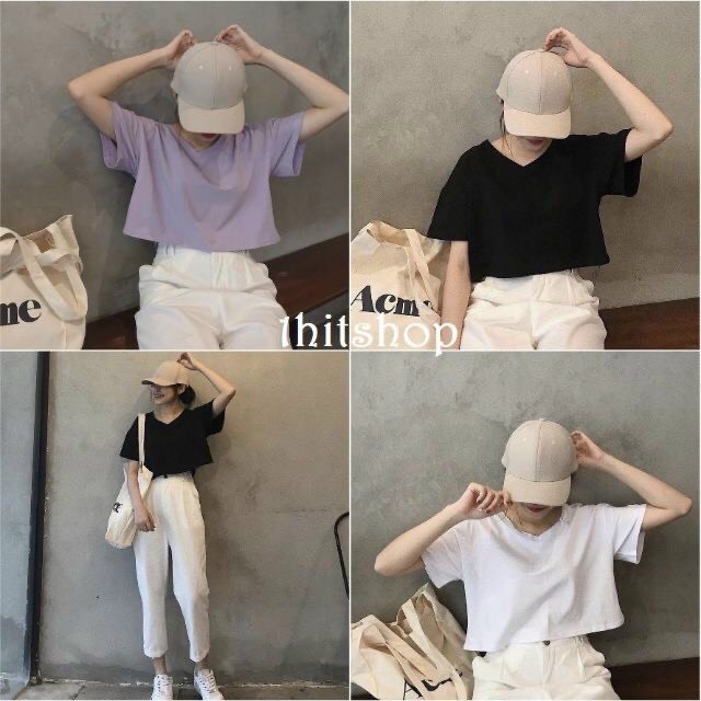 Áo Croptop cổ tim ngắn tay form rộng unisex 3 màu