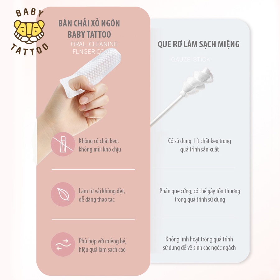 BABY TATTOO Bàn Chải Vải Xỏ Ngón Làm Sạch Rặng Miệng Cho Bé Từ 0-2 Tuổi, Hộp 30 cái