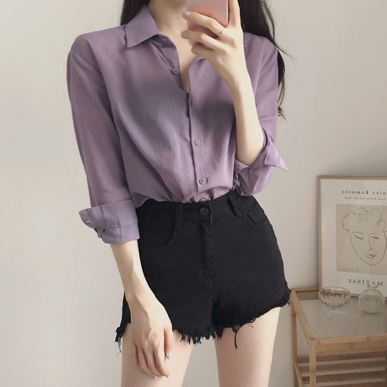 Áo sơ mi chiffon tay dài màu tím kiểu dáng đơn giản thanh lịch