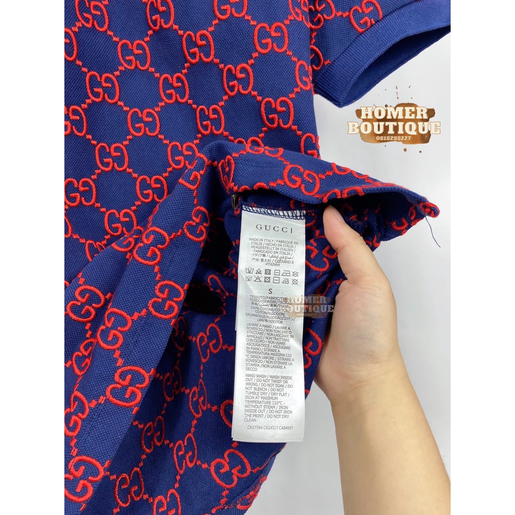 Áo Polo Chất Cotton Vân Thêu Rõ Ràng Gucci GG Stretch Cotton Polo Shirts/Blue Red