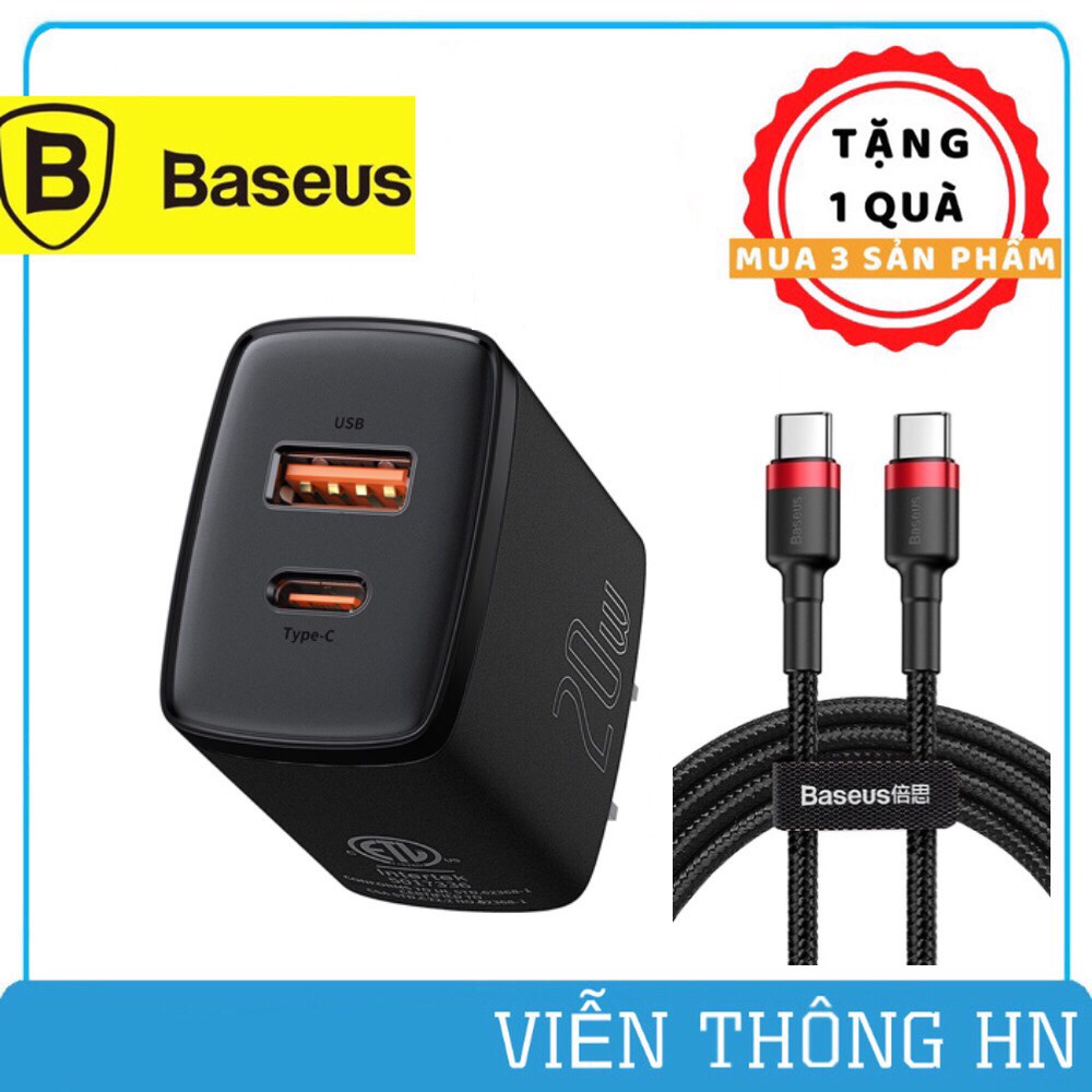 Bộ củ sạc nhanh kèm dây sạc type c to type c pd 20w qc 3.0 Baseus 2 cổng - cốc sạc kèm cáp sạc cho samsung oppo,...vv