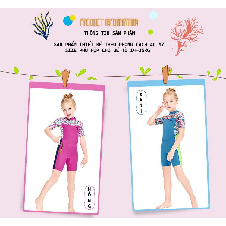 Bộ đồ bơi bé gái giữ nhiệt DIVE &amp; SAIL cao su non dày 2.5mm phối sắc màu tươi tắn M150658K