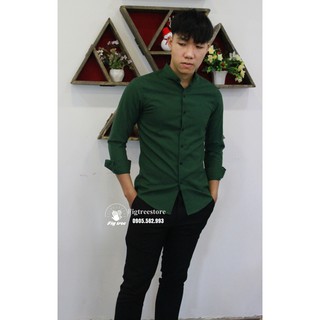 Áo Sơ Mi Nam Cổ Trụ Màu Xanh Rêu FIGTREE For Men
