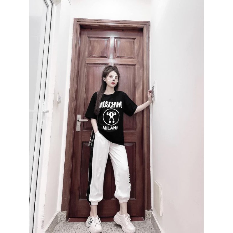 S577 Set Thể Thao mặc nhà, Áo thun dáng suông in họa tiết nổi phối quần ống bom chạy viền sọc in chữ | BigBuy360 - bigbuy360.vn