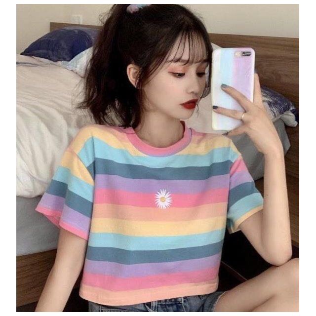 Áo thun nữ cầu vồng 7 màu áo phông trơn tiểu thư Phong cách Hàn Quốc