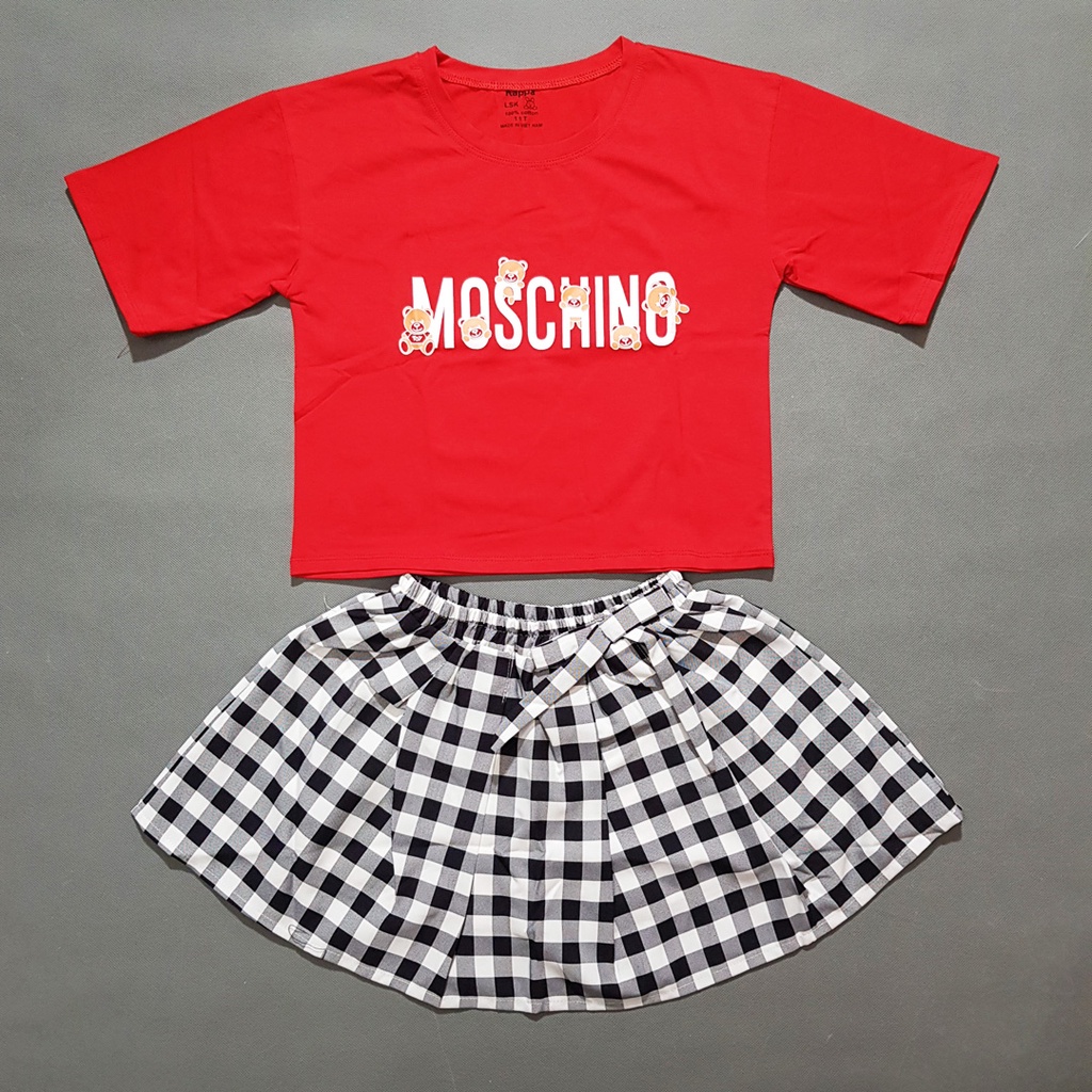 Bộ áo thun croptop váy caro xòe cho bé gái đi chơi 27-52kg