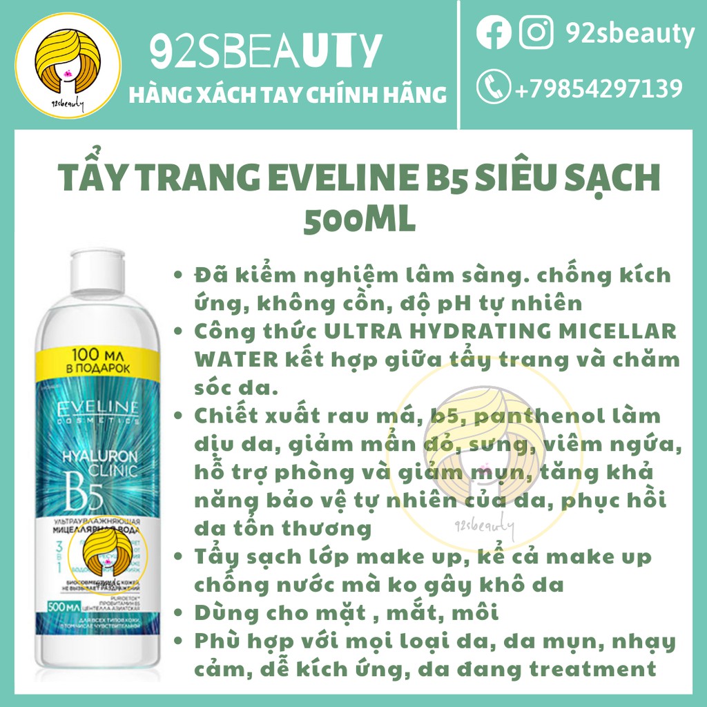 Tẩy trang Eveline Hyaluron B5 tẩy sạch dịu nhẹ, giữ ẩm cho da