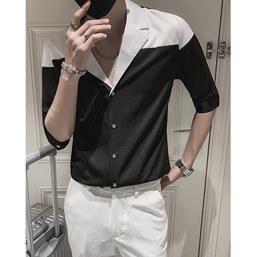 Áo sơ mi nam đen phối trắng Classic Cổ Vest, sơmi phong cách Hàn Quốc lịch lãm SH031 | BigBuy360 - bigbuy360.vn