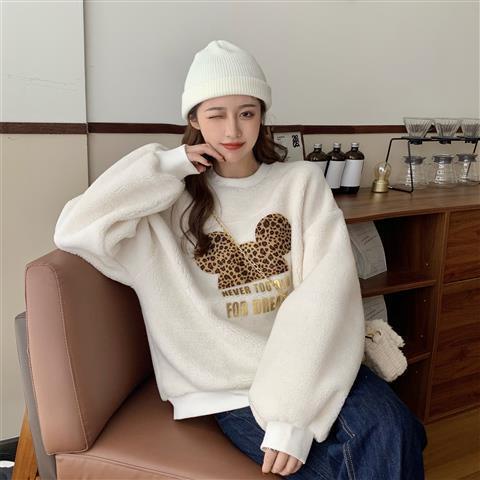 Áo sweater vải nhung lông cừu dày dáng rộng in hình Mickey dễ thương phong cách Hàn Quốc thời trang thu đông