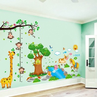 Combo decal tranh dán tường thước đo chiều cao khỉ, vườn thú dòng sông