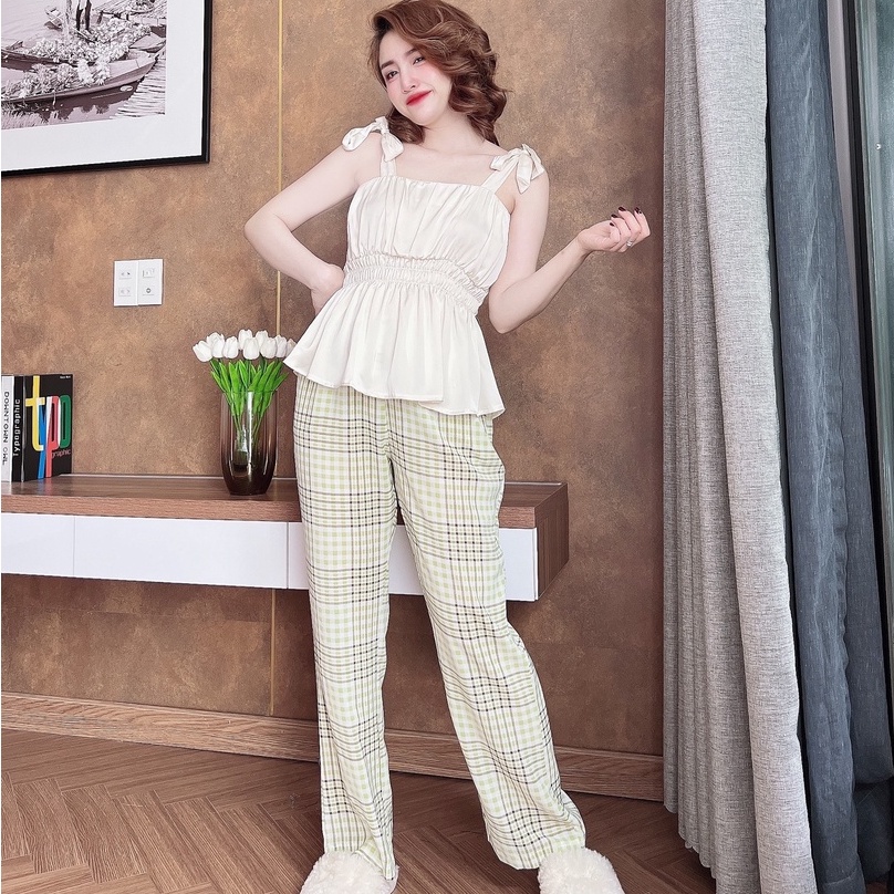 Bộ mặc nhà nữ SOJUN Bộ Dài Mango Phối Latin Chạy Thun &lt;65 kg