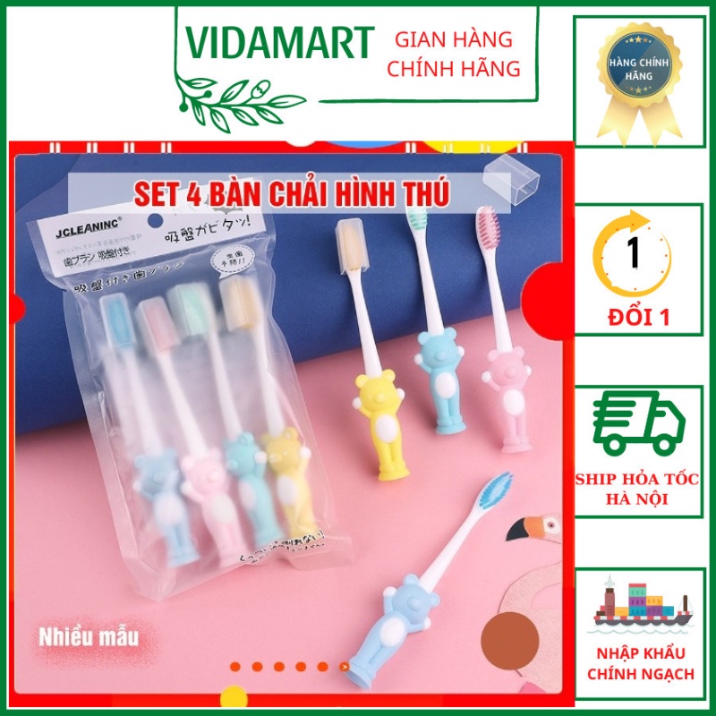 Bộ 4 Bàn Chải Đánh Răng Hình Thú, Đế Chống Trượt Cho Bé Phù Hợp Cho Cả Bé Trai Bé Gái. Lông Bàn Chải Mềm Mướt (PVN04)