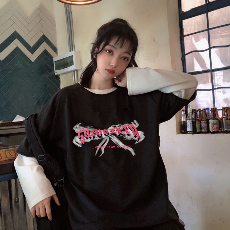 Áo Thun Tay Dài Giả Hai Lớp Dáng Rộng In Họa Tiết Retro Thời Trang Dành Cho Nữ