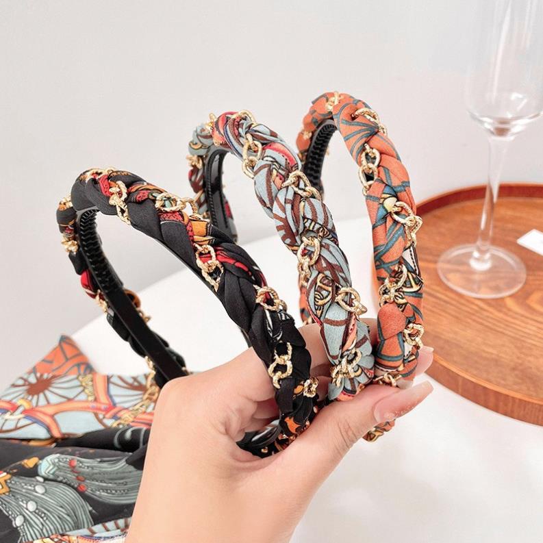 Bờm Cài Tóc Nữ Tết Dây Lụa Hoạ Tiết Siêu Xinh