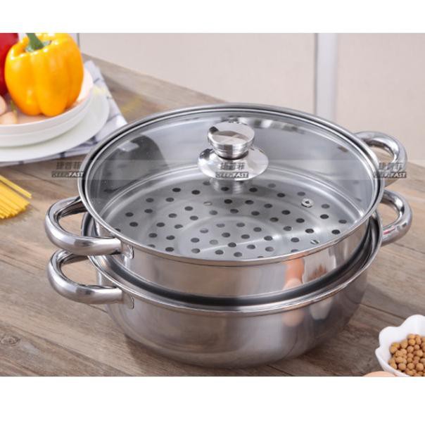 Xửng Hấp 2 Tầng Inox - Nồi Dầy, Miệng Rộng, Có Thể Làm Nồi Lẩu