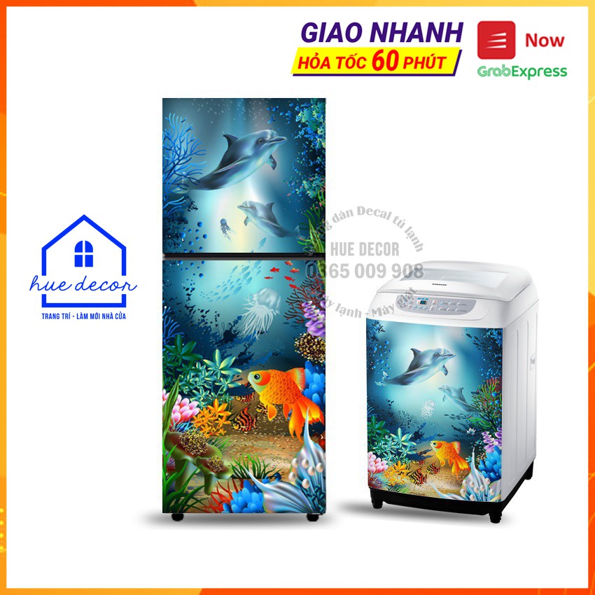 Decal dán tủ lạnh - máy giặt 3D cá Heo đại dương thương hiệu HUE DECOR chống nước