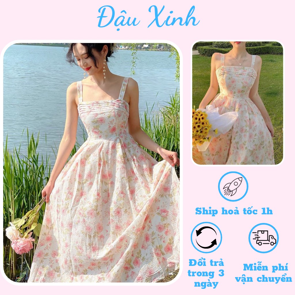 Đầm hai dây dáng dài đi tiệc váy tiểu thư hoa màu hồng nhạt - V551