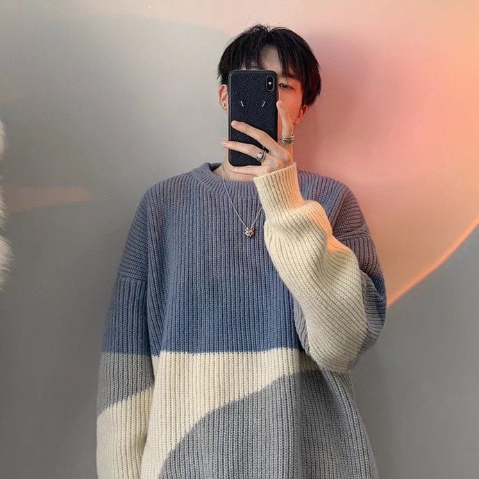 Áo Sweater Dệt Kim Dày Dặn Dáng Rộng Cổ Tròn Màu Tương Phản Thời Trang Thu Đông Cho Nam