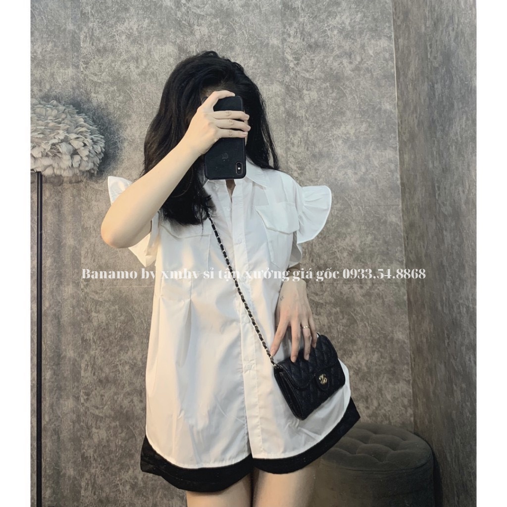 Áo sơ mi nữ cộc tay bèo cánh tiên hàng thiết kế thời trang Banamo Fashion sơ mi cộc tay bèo cánh tiên 3931