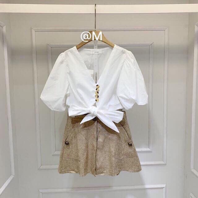 Áo Croptop nút Khuy bọc buộc eo nơ (ảnh thật )