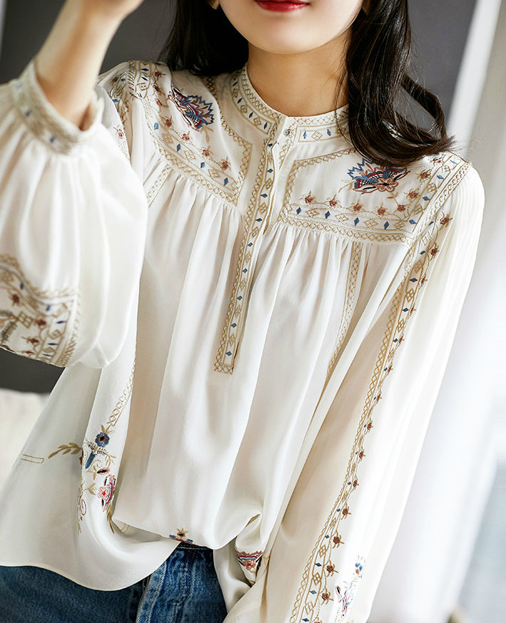 Áo Sơ Mi Chiffon Tay Phồng Dài In Họa Tiết Dân Tộc Phong Cách Bohemian Cổ Điển Size M-3XL Thời Trang Dễ Phối Đồ Cho Nữ