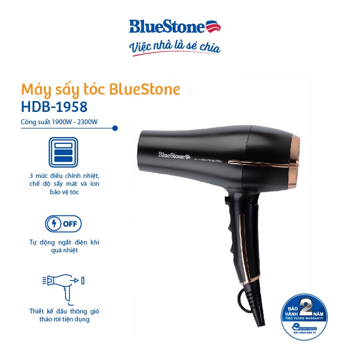 [Mã ELBLUE44 giảm 10% đơn 500K] MÁY SẤY TÓC BLUESTONE HDB-1958