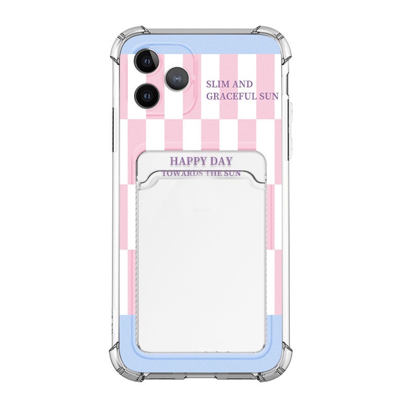 Ốp lưng iphone ốp Điện Thoại Họa Tiết Sọc Caro Màu Hồng / Xanh Dương Kèm Ngăn Đựng Thẻ Cho iPhone 14 13 12 11 PROMAX XS XR XSMAX SE2020 6 7 8PLUS