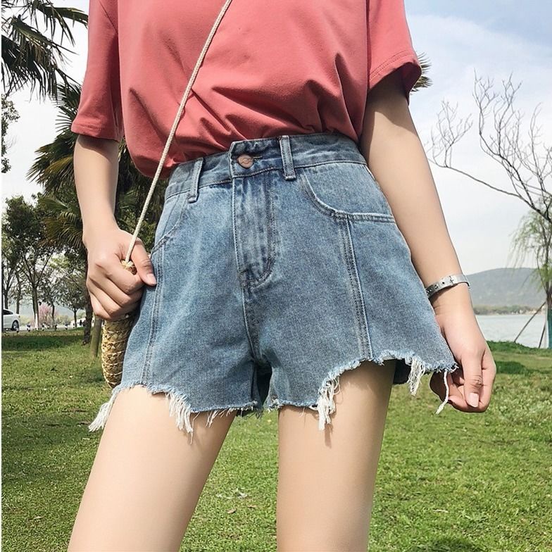 AMOI Quần Short Denim Lưng Cao Ống Rộng Thời Trang Hàn Quốc Cho Nữ