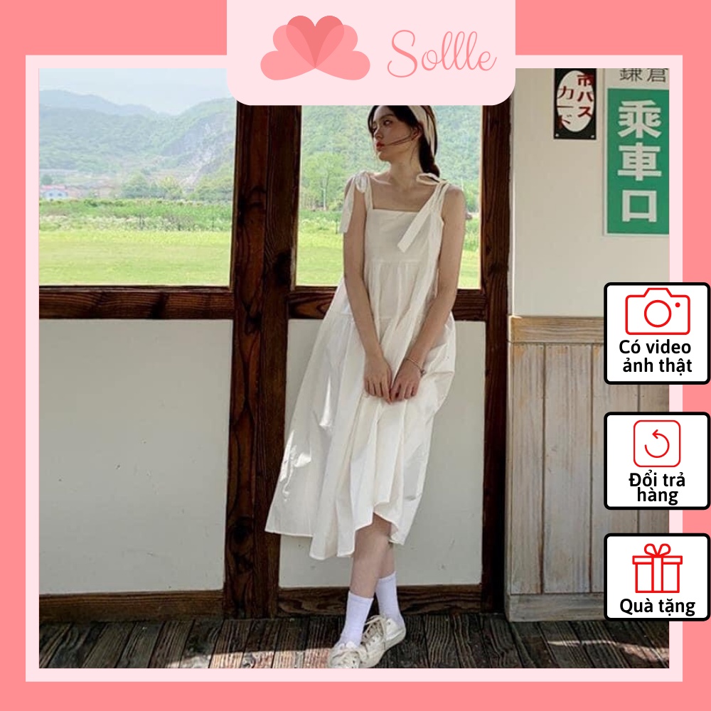 Đầm váy maxi nữ 2 dây thắt nơ vai 3 tầng babydoll trắng xanh trơn dáng dài đi biển Hàn Quốc Sollle