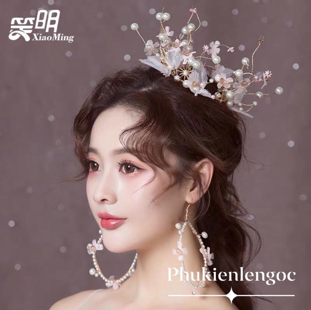 (Video thật) Vương miện cô dâu dễ thương kèm hoa tai xinh