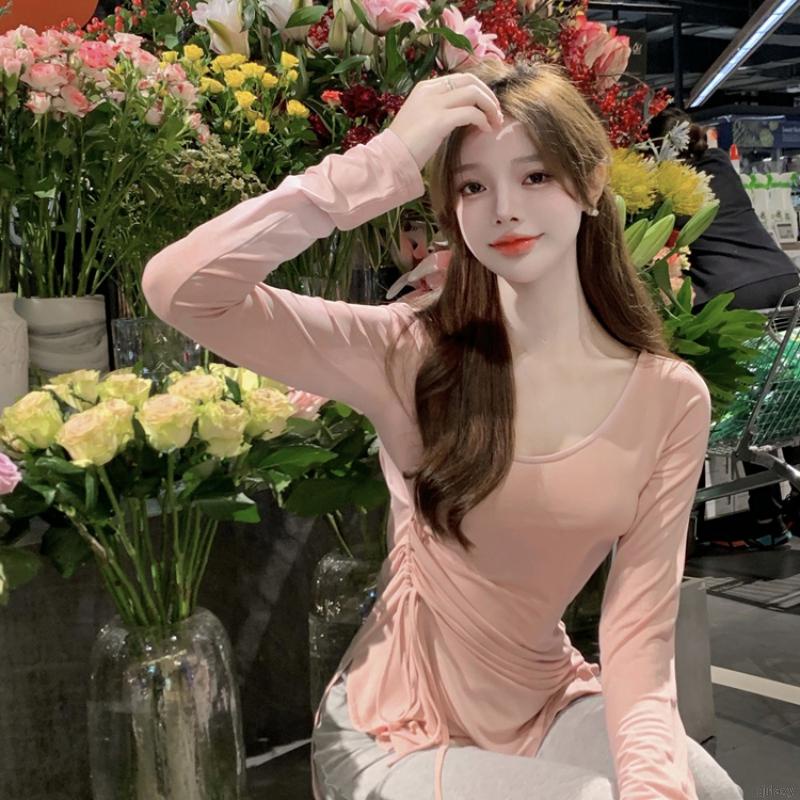 Áo thun tay dài cổ tròn màu sắc thời trang cho nữ