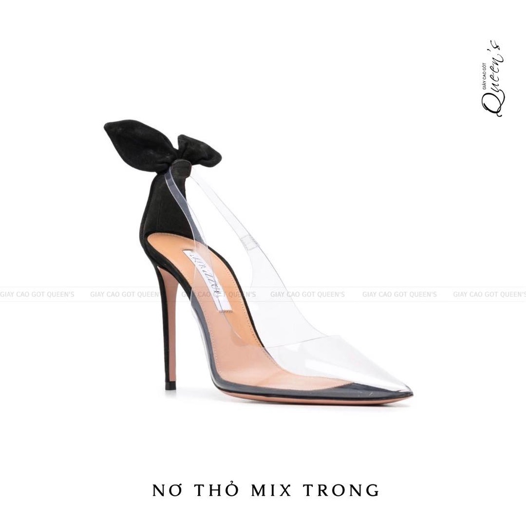 GIÀY CAO GÓT nơ trong, chất liệu da lộn mix nhựa trong,cao 8-10-11cm
