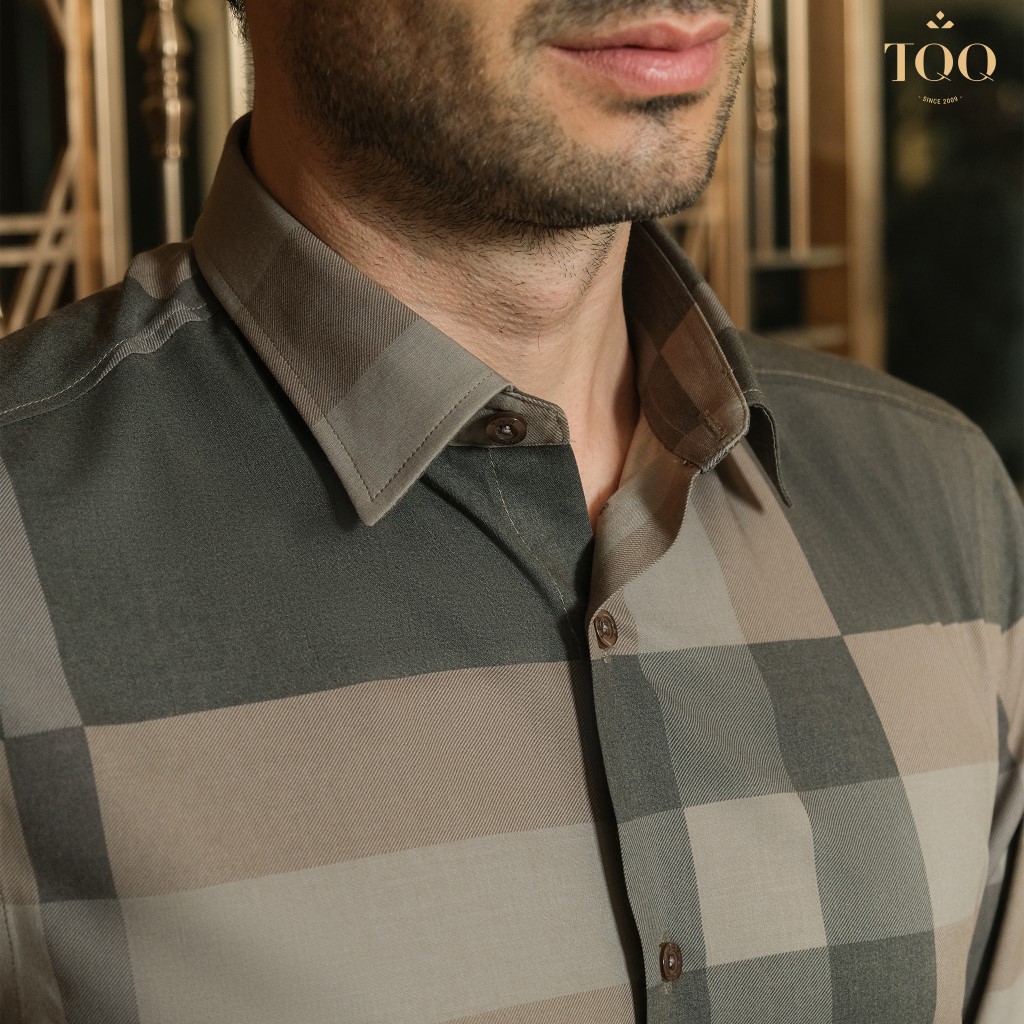 Áo sơ mi nam dài  tay TQQ dáng Công Sở Slim fit ôm nhẹ K428CS chất vải chống nhăn cùng họa tiết kẻ ghi vàng sang trọng