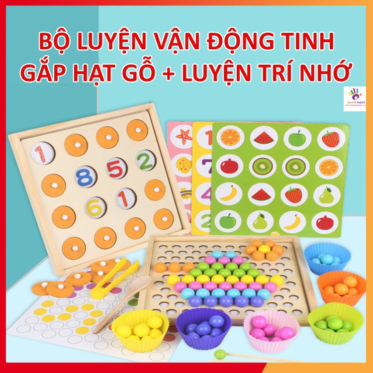 SET PHÁT TRIỂN TRÍ TUỆ- Bộ gắp hạt gỗ kèm luyện trí nhớ 2 trong 1