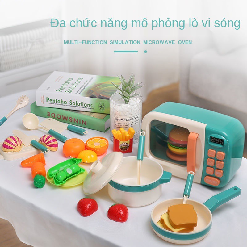 Lò vi sóng đá sống nướng đồ chơi mô phỏng nhà bếp cho bé ăn trái cây cắt nhạc quà tặng ngày thiếu nhi