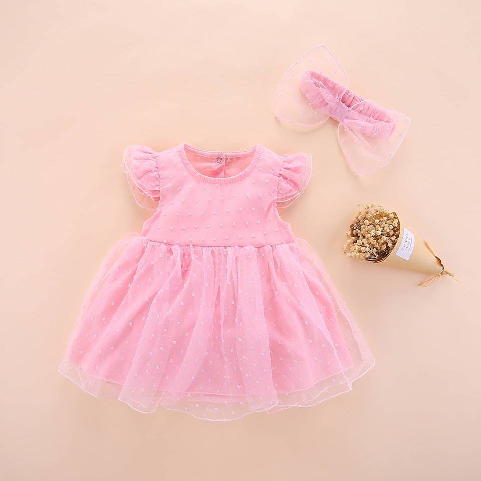 Body váy hồng thêu hoa li ti kèm nơ rất xinh cho bé từ đầy tháng - 12M