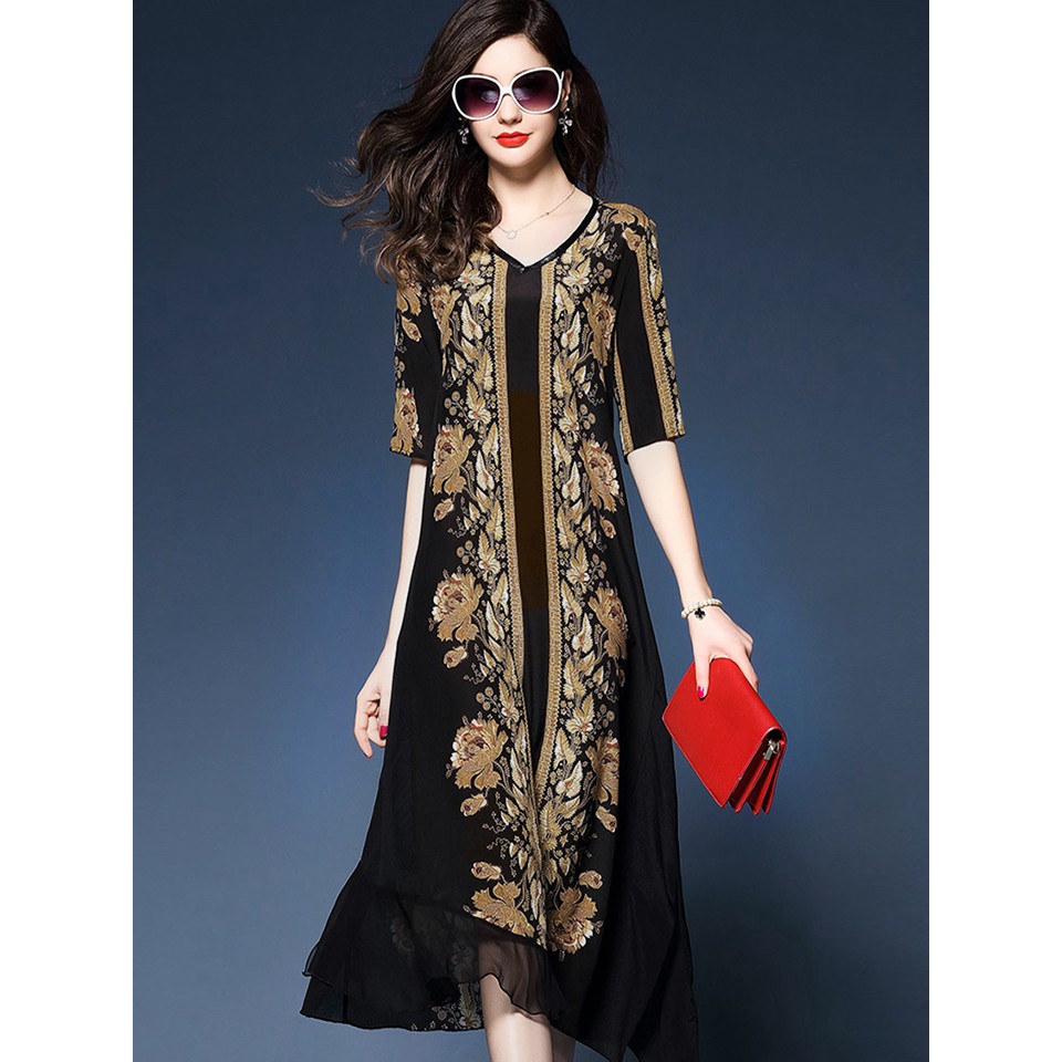 Đầm voan lụa suông chữ A tay lỡ in họa tiết cao cấp S1133 (Follow shop để được giảm giá)