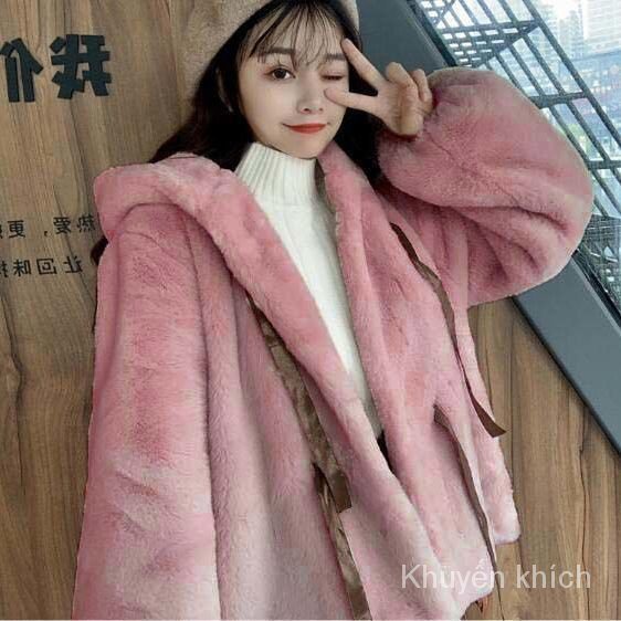 Áo khoác giả lông thỏ dày dặn mềm mại có mũ trùm tai gấu dễ thương thời trang thu đông cho nữ