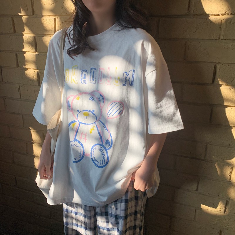 Áo phông tay lỡ unisex BEAR DRAW 2021, Áo phông nữ form rộng màu trắng đen chất cotton thời trang Ulzzang quảng châu | BigBuy360 - bigbuy360.vn