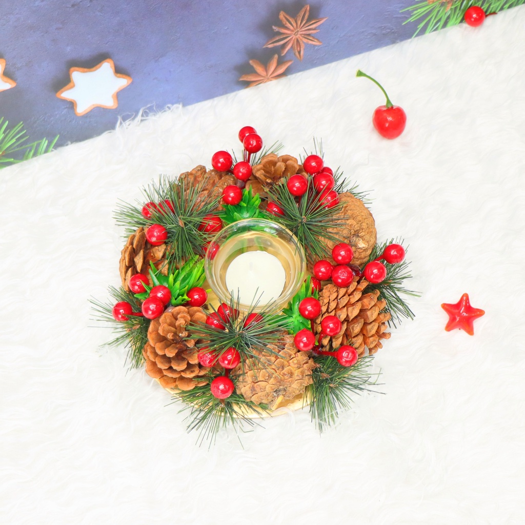 Nến Giáng Sinh NEN01 Để Bàn Trang Trí Noel – Mẫu QUẢ THÔNG ĐAN XEN