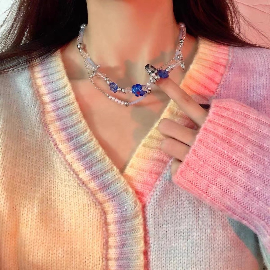 Vòng cổ Chuỗi Hạt Nhiều Lớp Mặt Kính Và Hoa Bướm Đính Ngọc Trai
