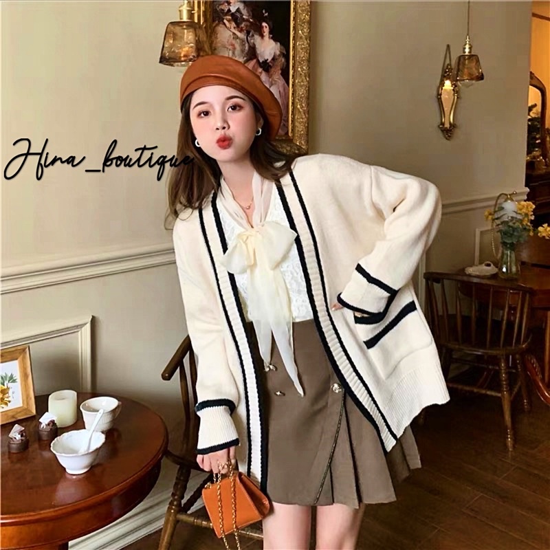 Áo cadigan len trơn nữ Form rộng thiết kế viền.