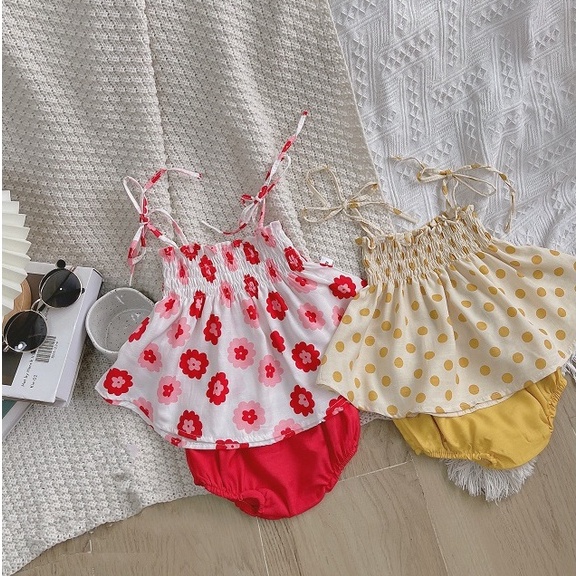 Set áo 2 dây cột nơ chun ngực họa tiết kèm quần chip bé gái mùa hè 1 2 3 4 tuổi MINTSCLOSET Mint's Closet - GA2042