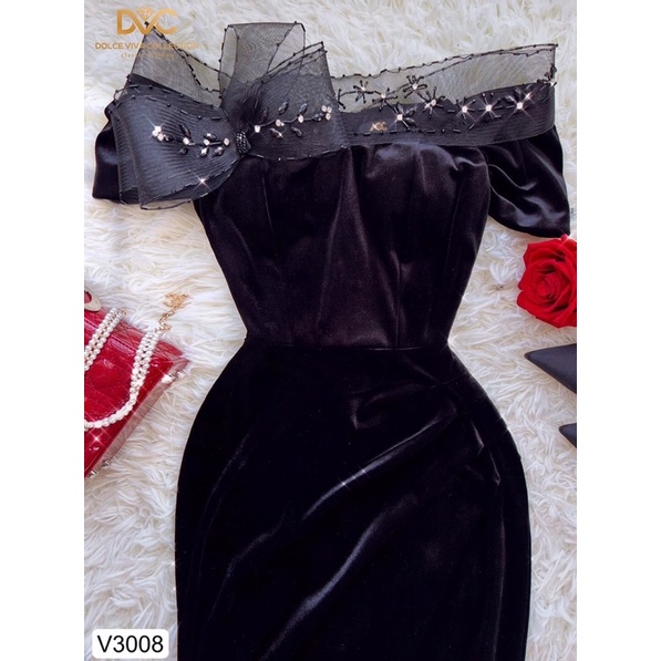 V3008 váy body trễ vai nhung đen