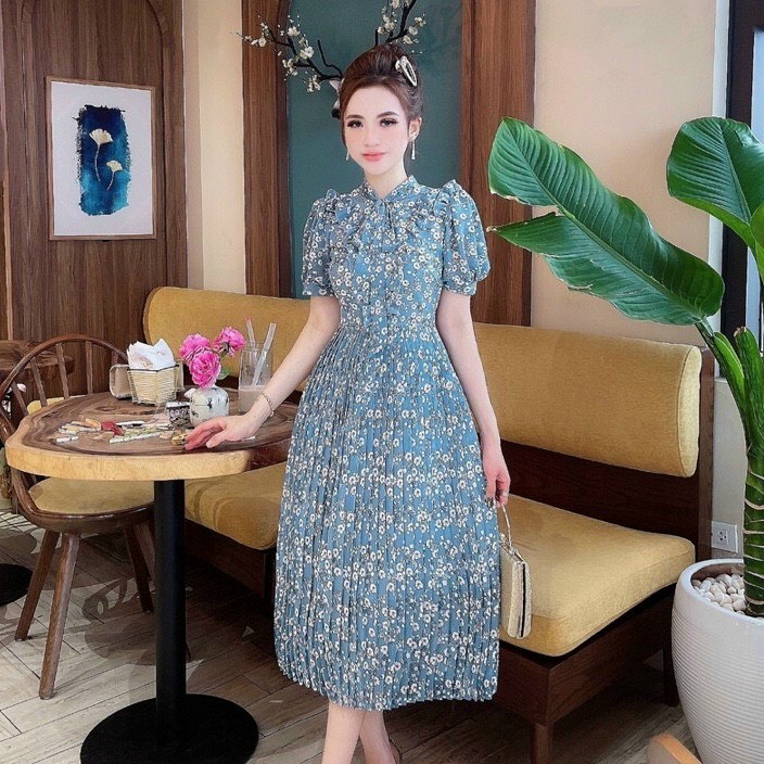 (FREESHIP) Váy đầm hoa thiết kế VINTAGE dáng xòe cổ nơ ngắn tay chân váy xếp ly dài qua gối M01 | BigBuy360 - bigbuy360.vn
