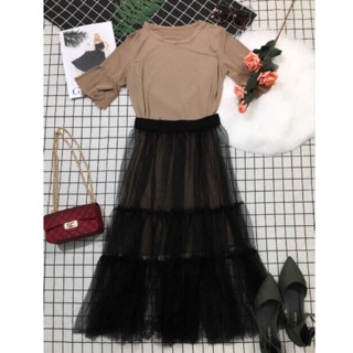 Sét chân váy lưới phối đầm suông tay loe ảnh chụp thật 100%