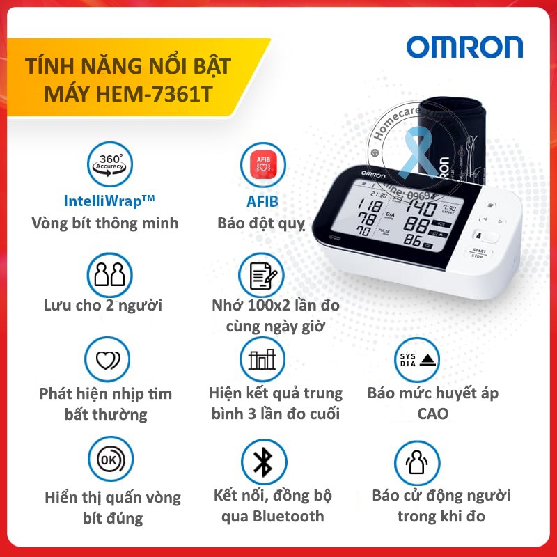 Máy đo huyết áp tự động bắp tay OMRON HEM-7361T, bảo hành 5 năm, cảnh báo đột quỵ, kết nối bluetootch